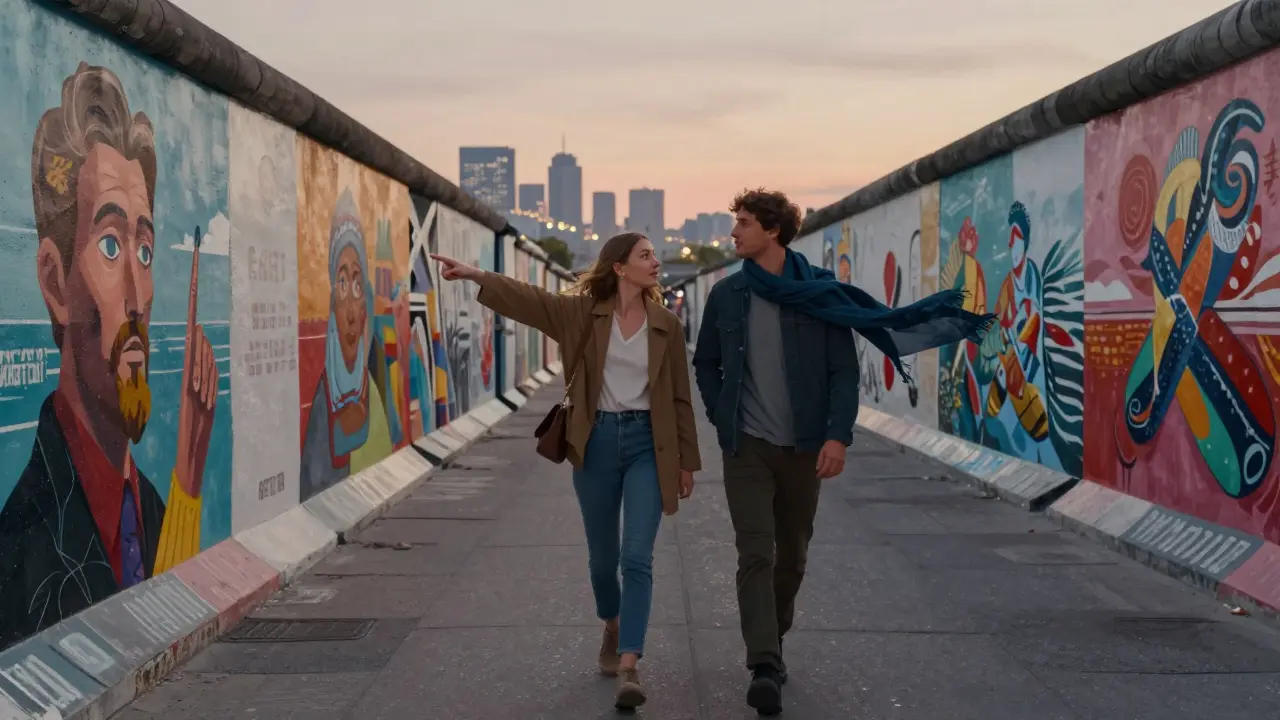 A couple walking along the East Side Gallery at dusk, admiring colorful murals.