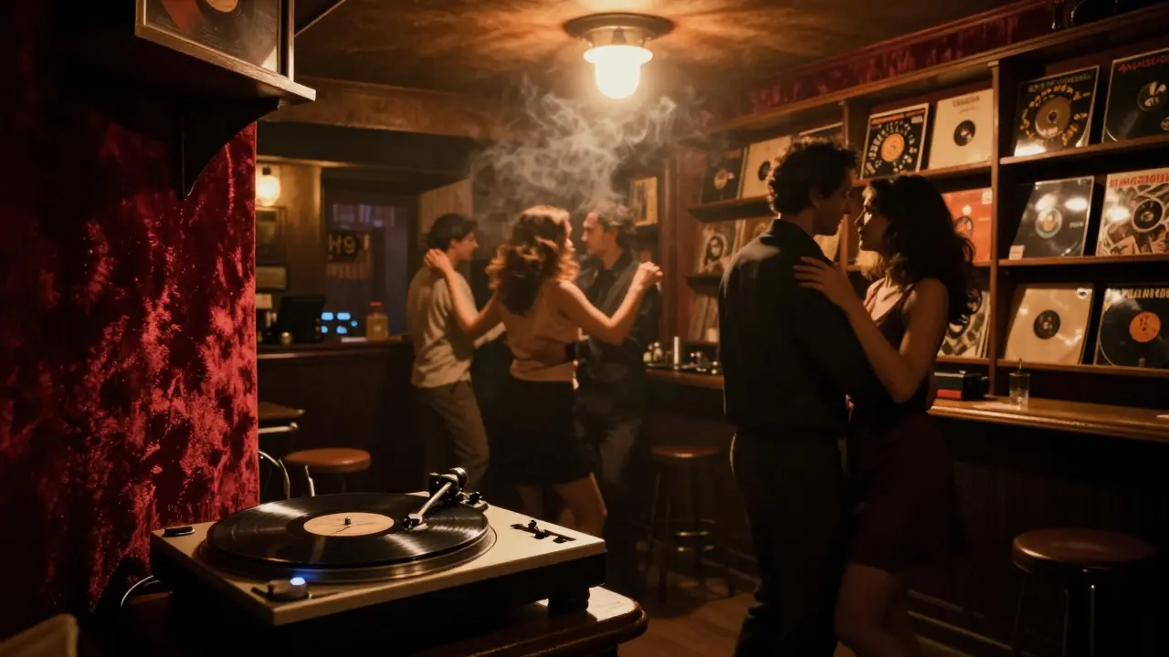 A dimly lit underground jazz club with velvet walls and dancers moving to vinyl music.