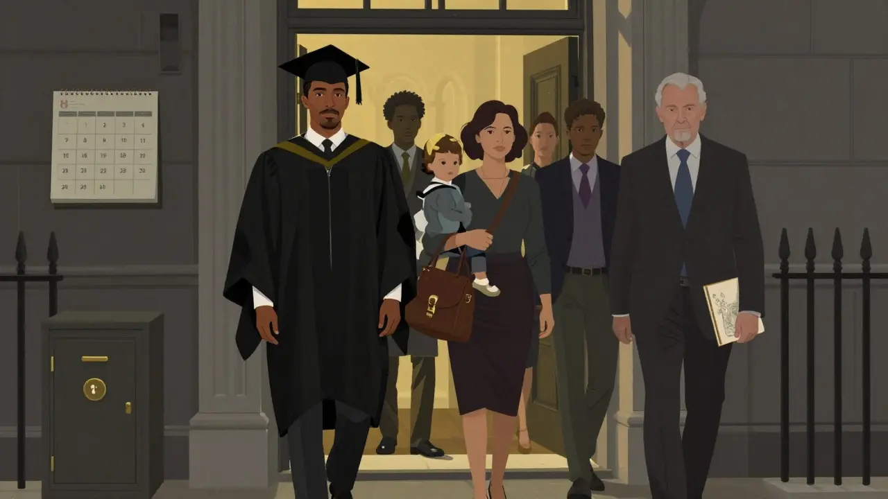 A diverse group of individuals enter a quiet London apartment building at night, each carrying symbols of their personal journeys and autonomy.