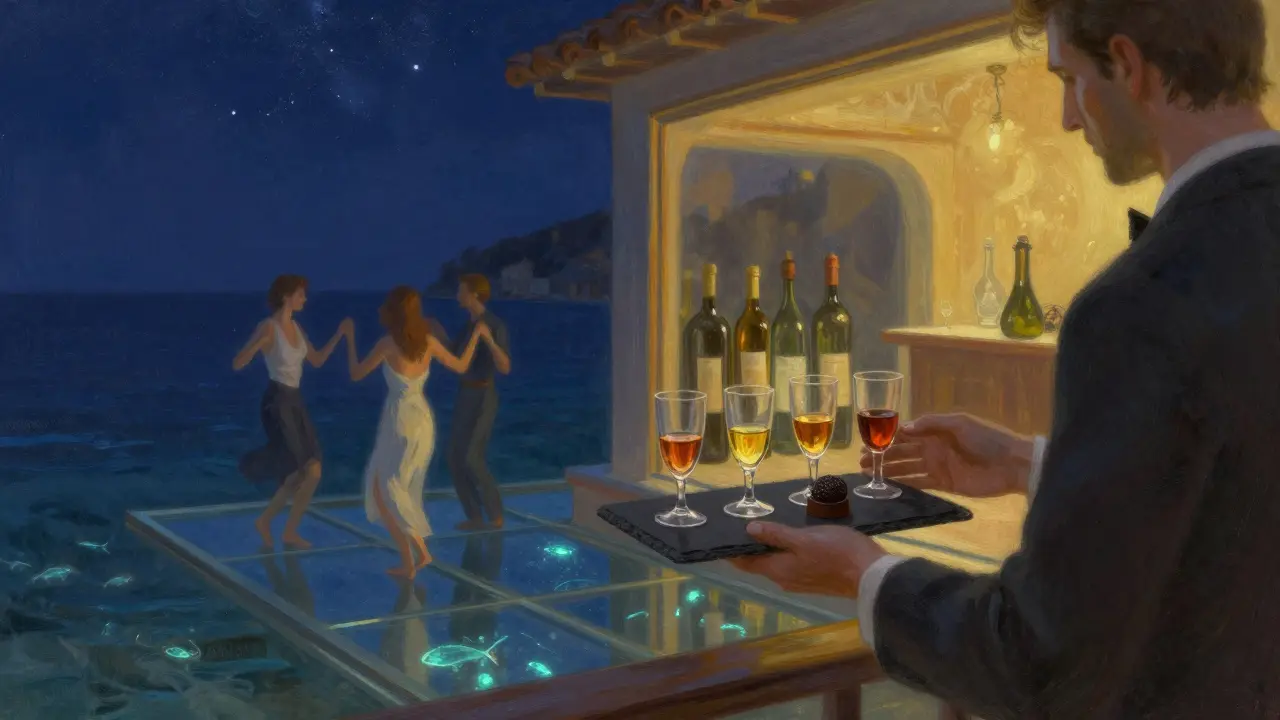 A glass terrace over the Mediterranean at Blue Bay, with glowing fish below and guests dancing under shifting starlit lights.