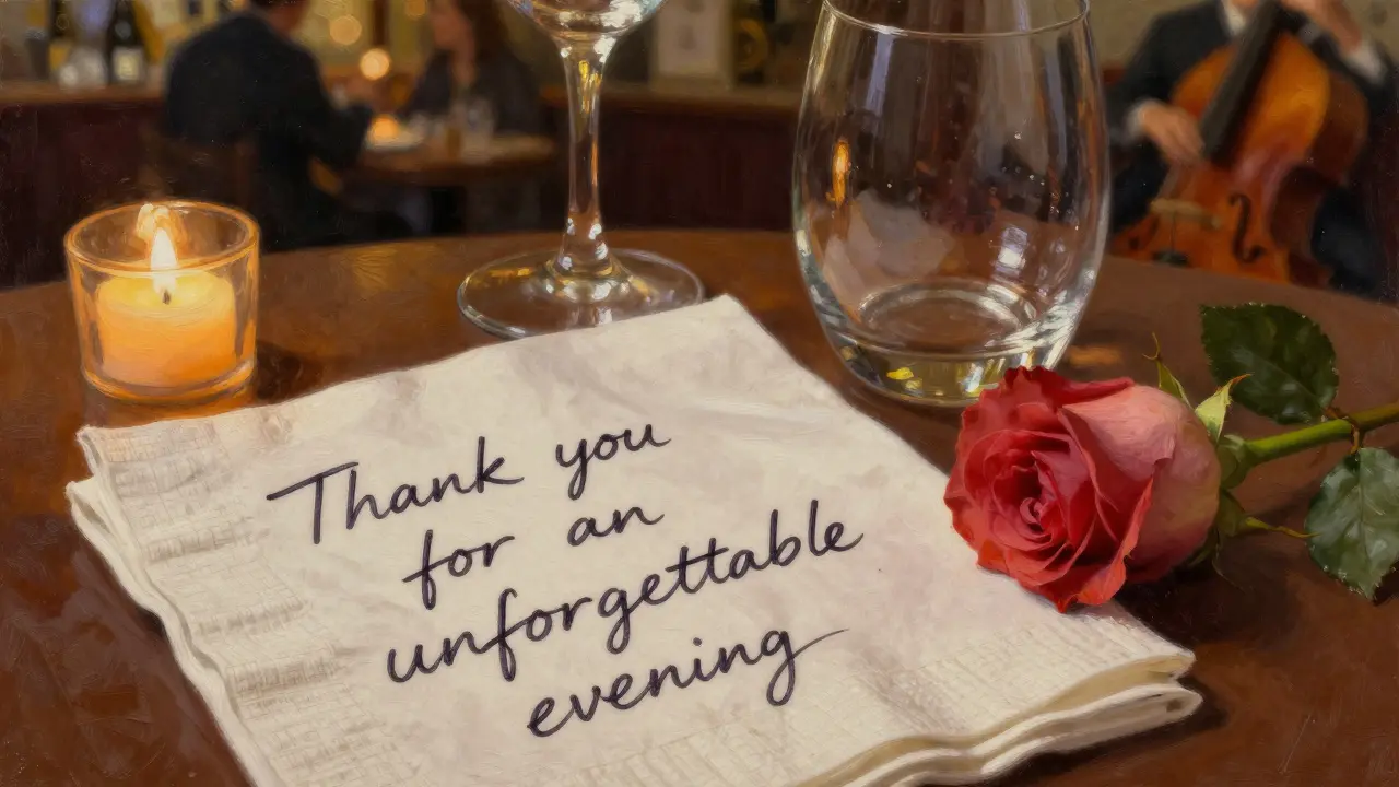 A handwritten note and wine glasses on a napkin in a cozy Milan wine bar.