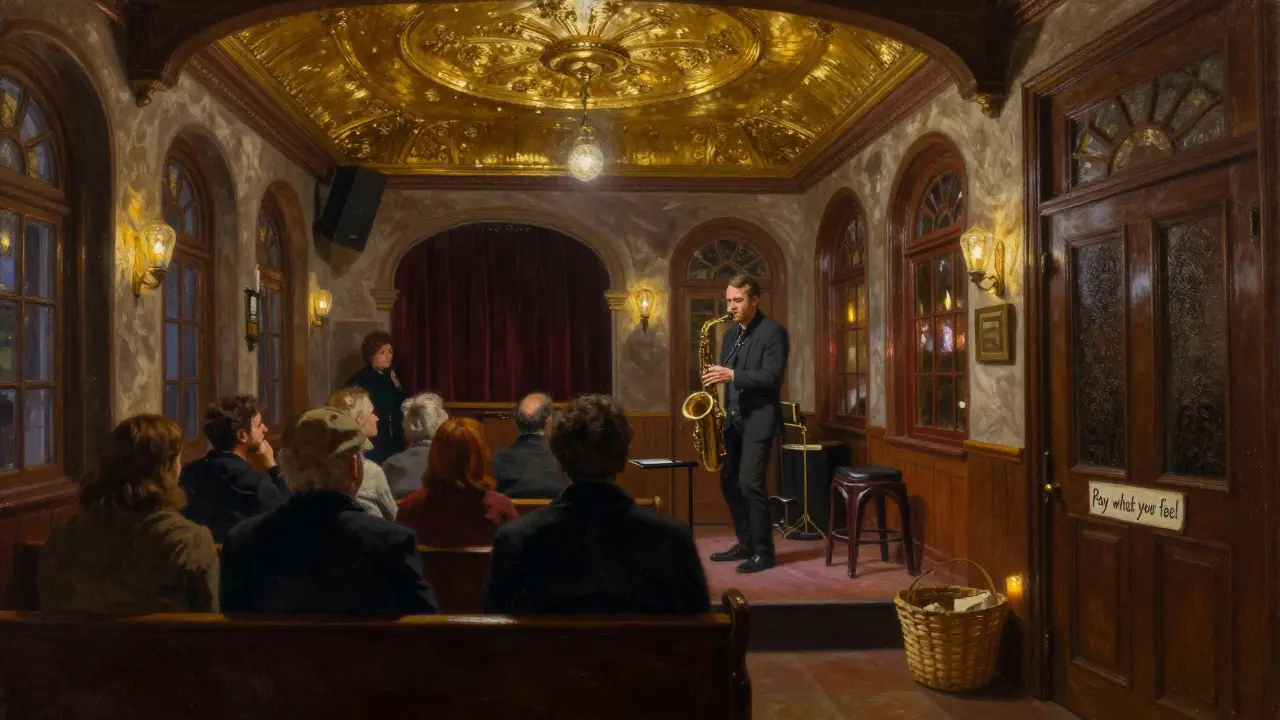 A jazz performance in a restored synagogue with gold leaf ceiling and candlelit audience.