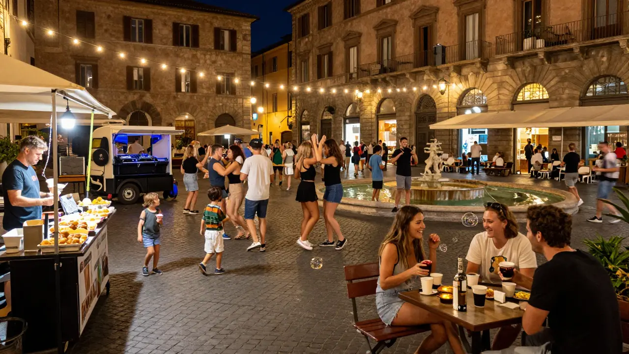 A lively nighttime street party in a Milan square with people dancing, food vendors, and string lights.