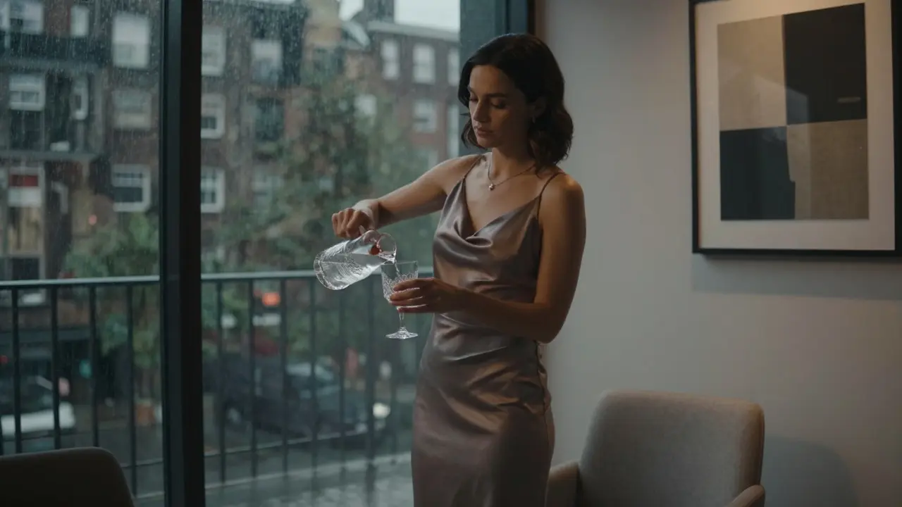 A luxurious Mayfair apartment with elegant decor, a woman pouring drinks by a window as rain falls outside.