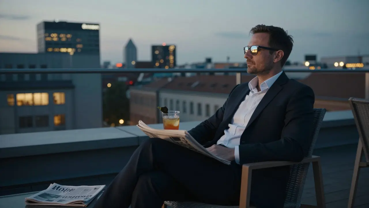 A man alone on a rooftop overlooking Berlin at dusk, reflecting quietly with a cocktail and newspaper.