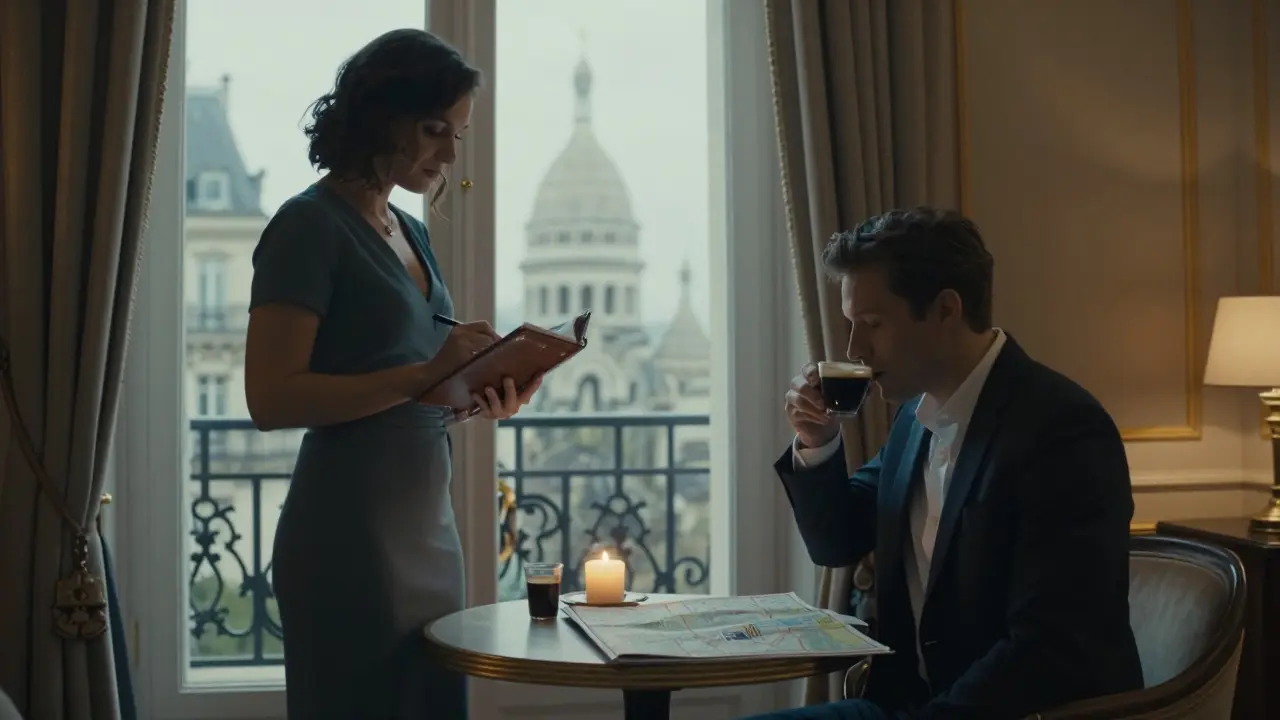 A man and woman in a luxury hotel suite, sharing quiet moments over coffee and a map of Paris.