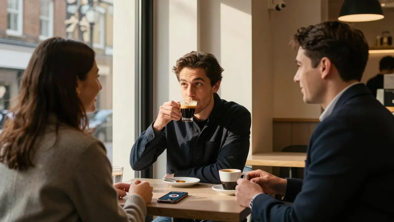 A man and woman meeting in a Covent Garden coffee shop, maintaining professional distance.