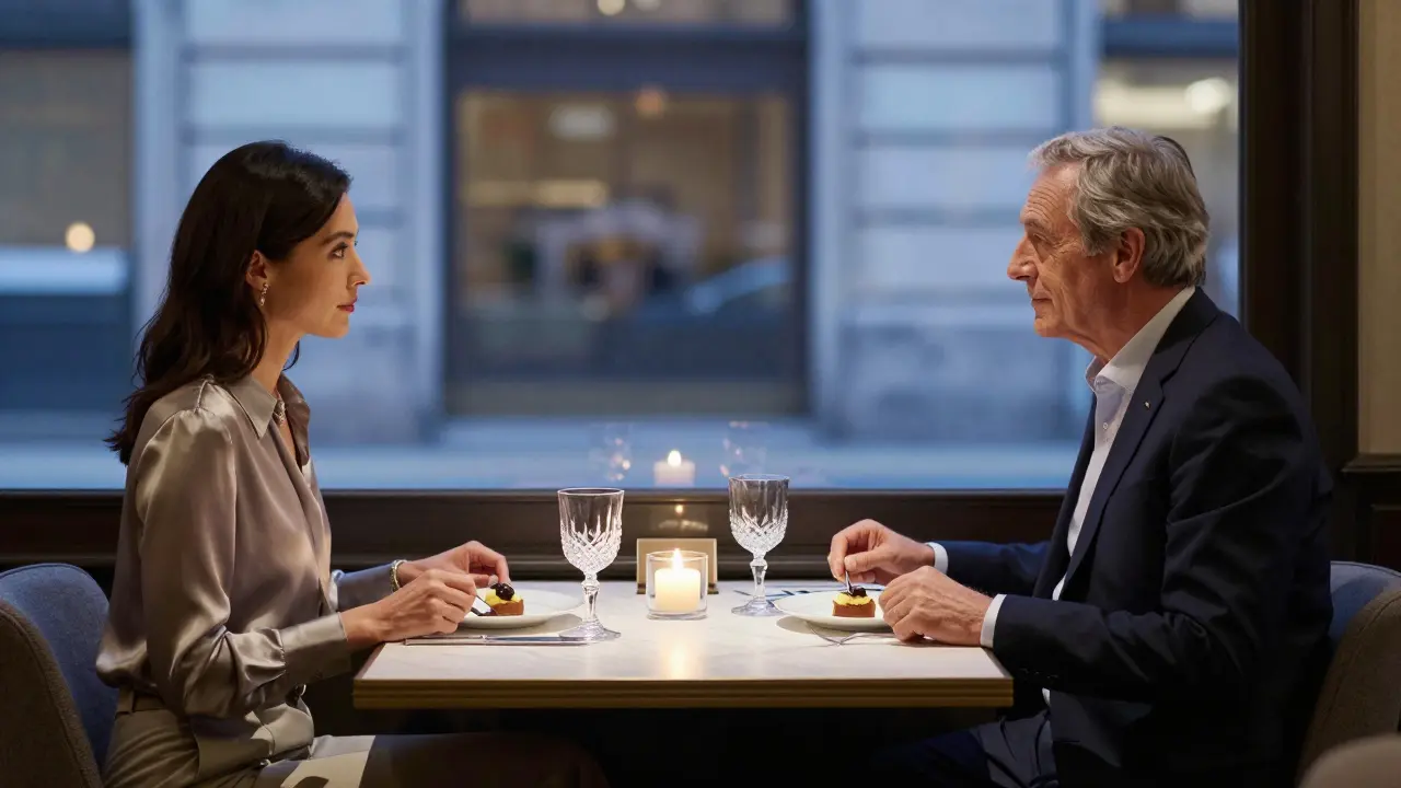 A man and woman share a silent, elegant dinner in a Michelin-starred Milan restaurant, their connection wordless and profound.
