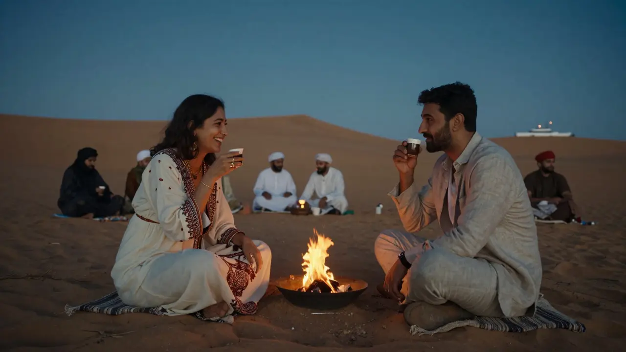 A man and woman sharing quiet moments around a firepit in a desert camp under the stars.