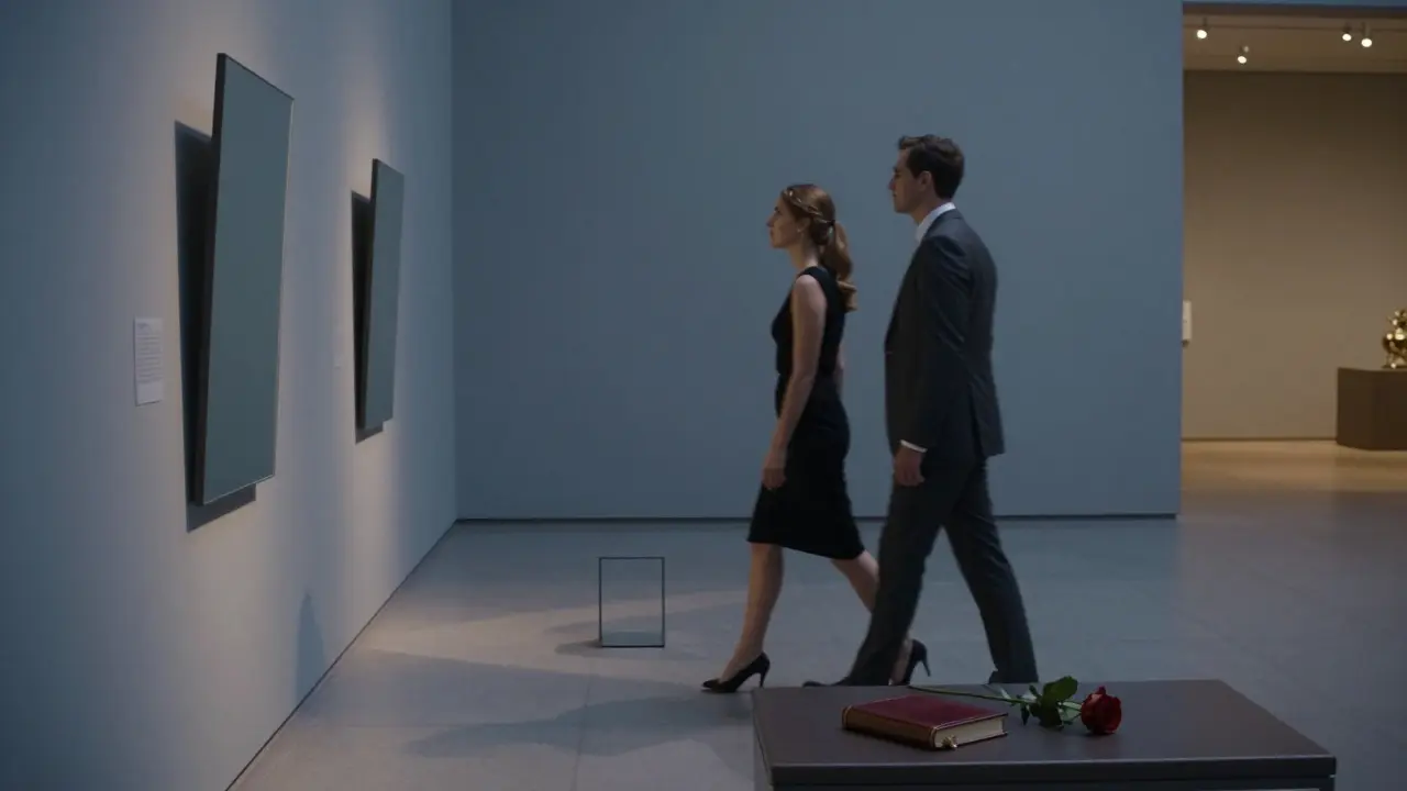 A man and woman walking calmly through the empty Jewish Museum at night, gazing at a reflective art installation in soft gallery lighting.