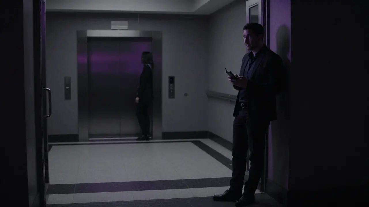 A man in a hotel lobby looking wary, with a shadowy figure near the elevators.
