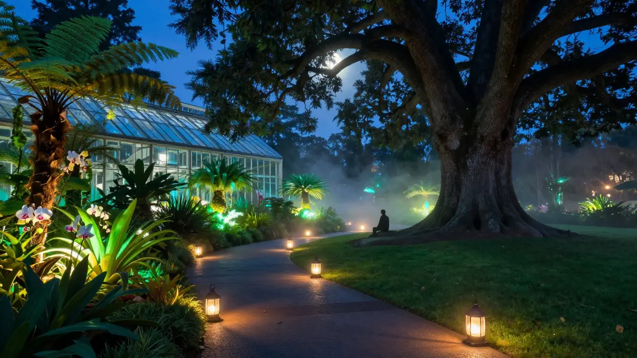 A moonlit botanical garden path with glowing plants and a person sitting under a giant tree.