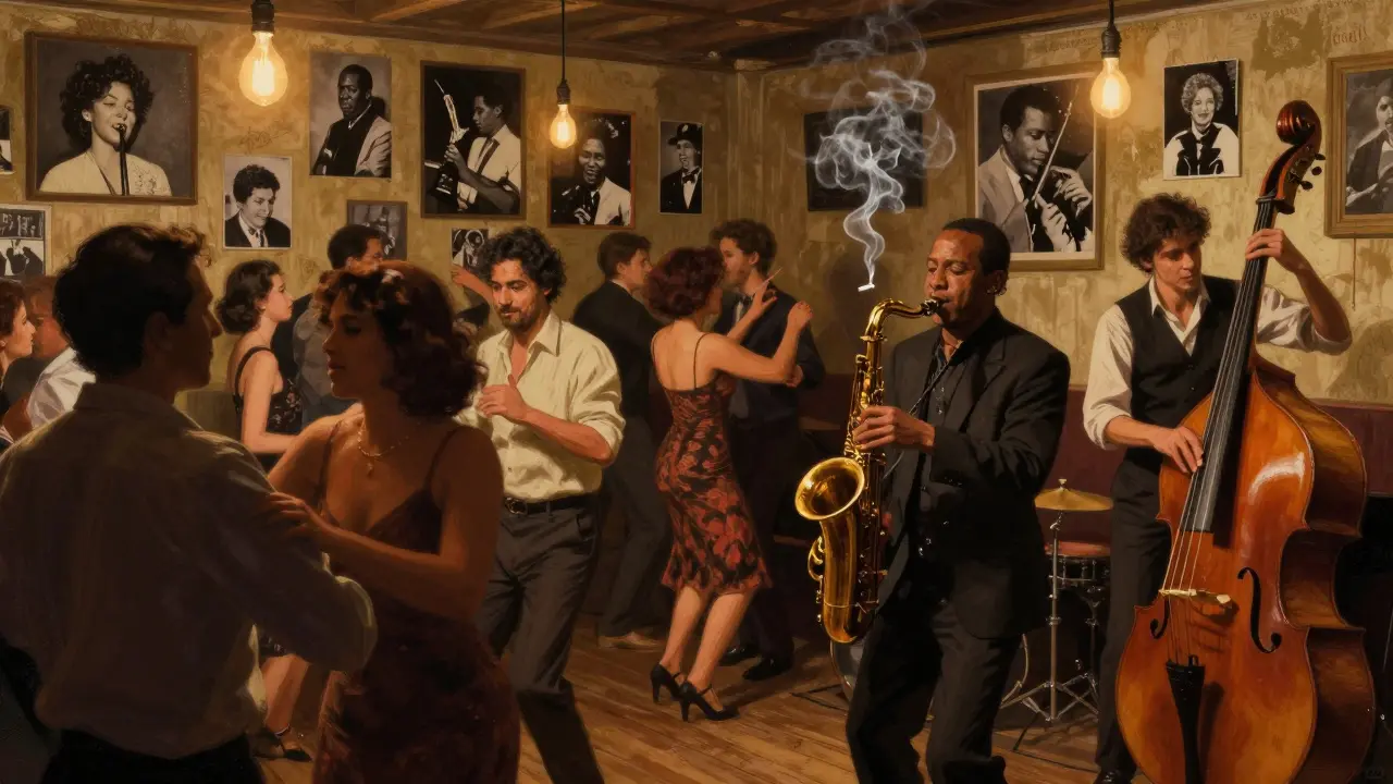 A packed cellar jazz club where people dance shoulder-to-shoulder under vintage photos.