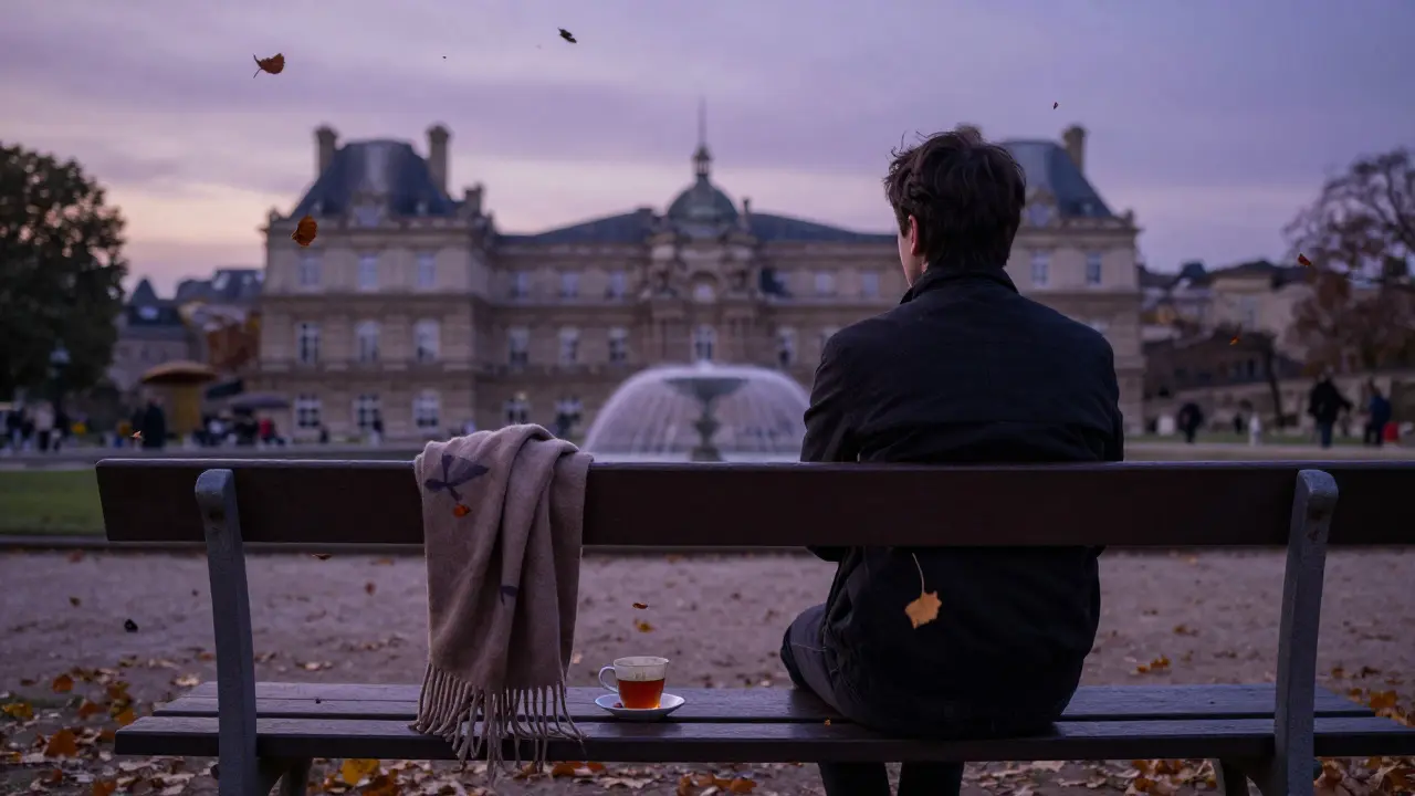A person sitting alone on a garden bench at twilight, autumn leaves falling, tea cup beside them.