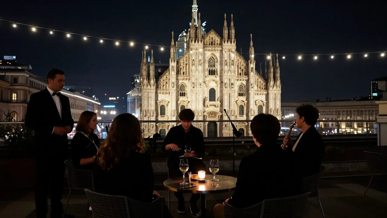 A private rooftop jazz night in Milan with city lights glowing in the background, two people enjoying music in peaceful silence.