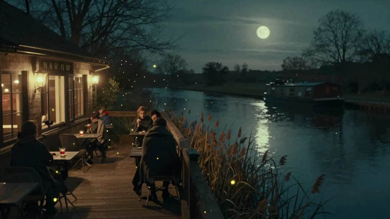 A quiet canalside pub at night with fireflies glowing above the water and visitors in blankets.