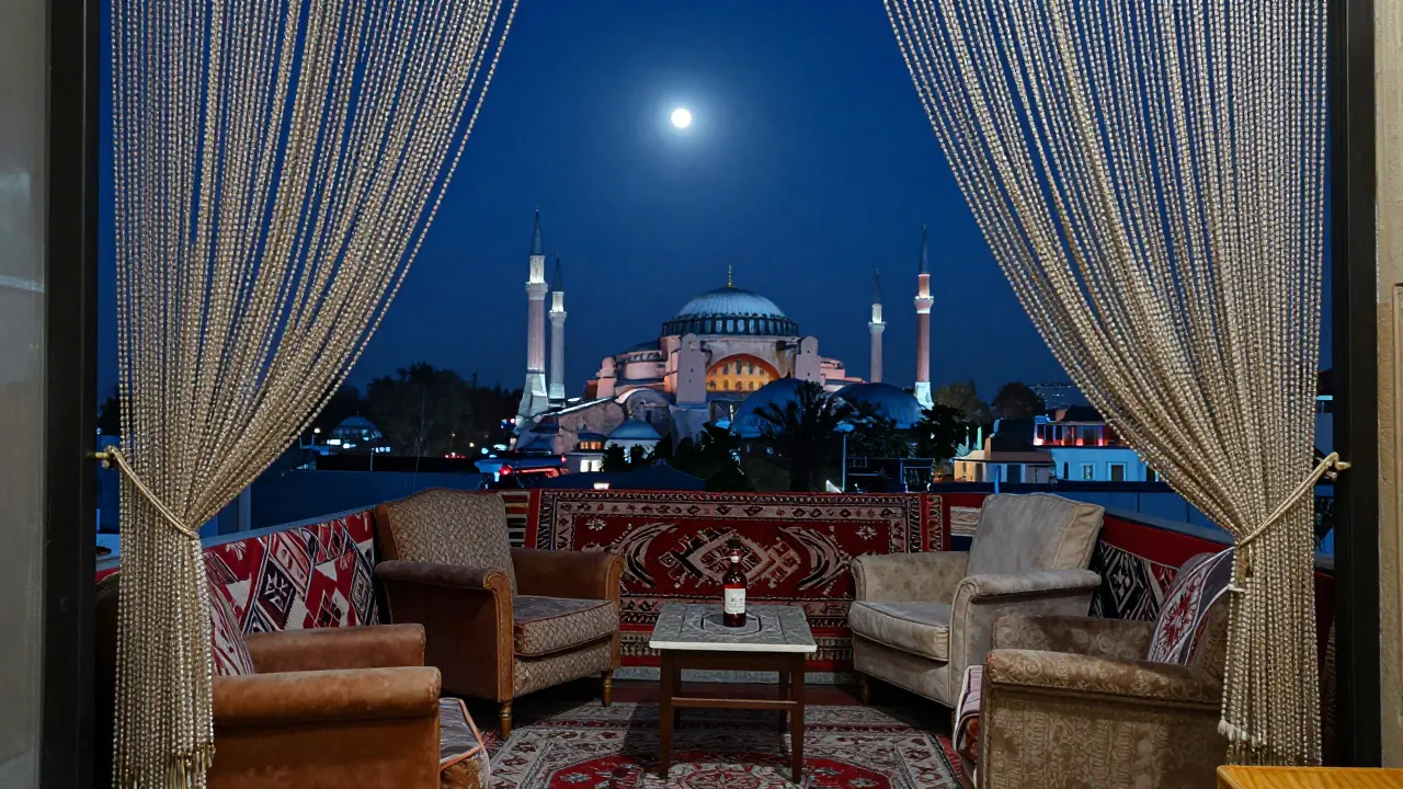 A quiet rooftop terrace in Sultanahmet with moonlight over Istanbul and no tourists in sight.