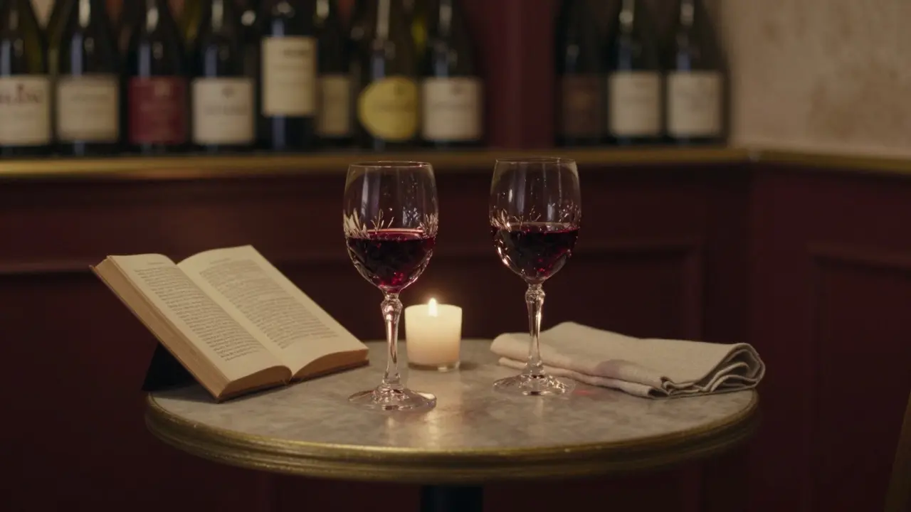 A quiet wine tasting with two glasses and a candle beside a French poetry book in a cozy bistro.