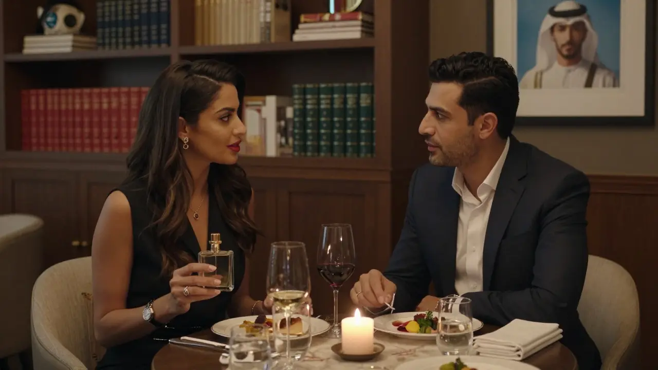 A refined woman in conversation with a man over dinner in a luxurious hotel lounge.