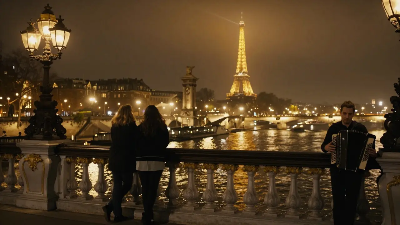 A romantic night view from Pont Alexandre III bridge with golden lights reflecting on the Seine.