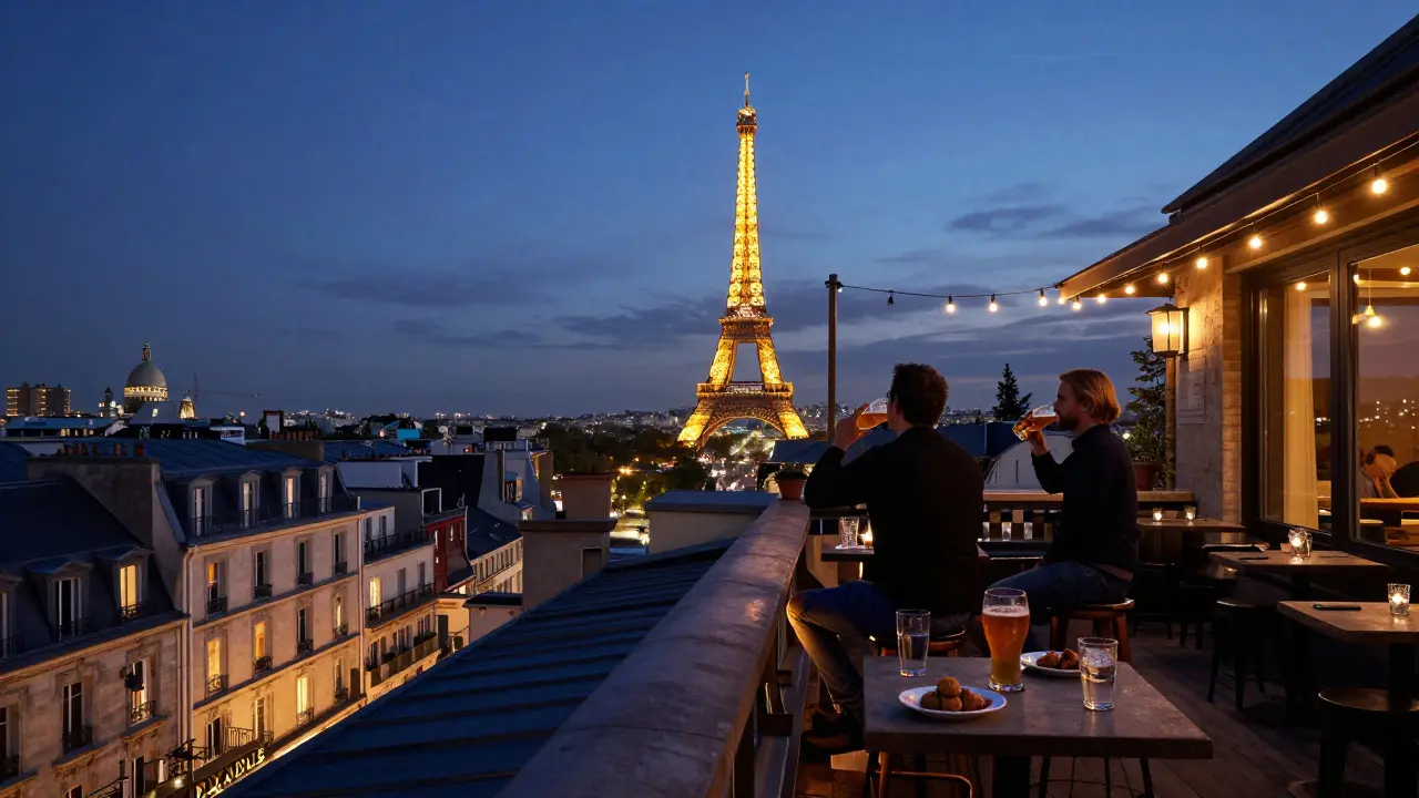 A rooftop terrace at twilight with city lights glowing behind two silhouetted figures.