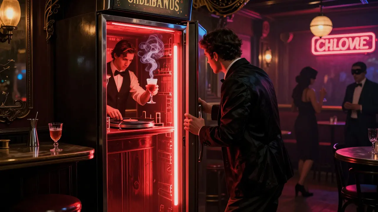 A secret bar revealed behind a fridge door, glowing with vintage jazz ambiance and a bartender pouring cocktails.