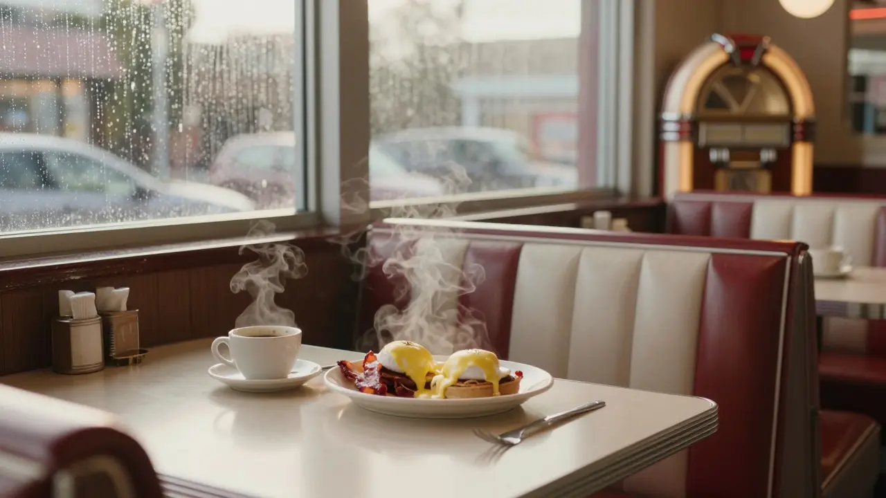 A solitary diner enjoying breakfast at a retro London diner at 3 a.m.
