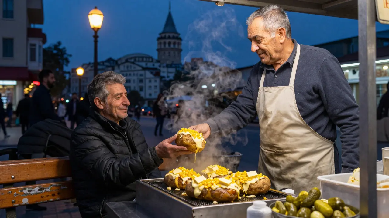 A steaming kumpir potato being handed to a customer at a late-night street stall on İstiklal Avenue.