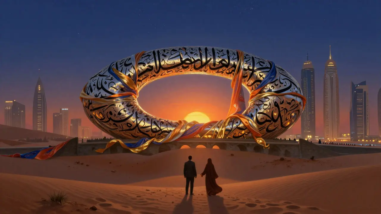 A symbolic bridge connects desert and city, representing quiet human connection in Abu Dhabi.