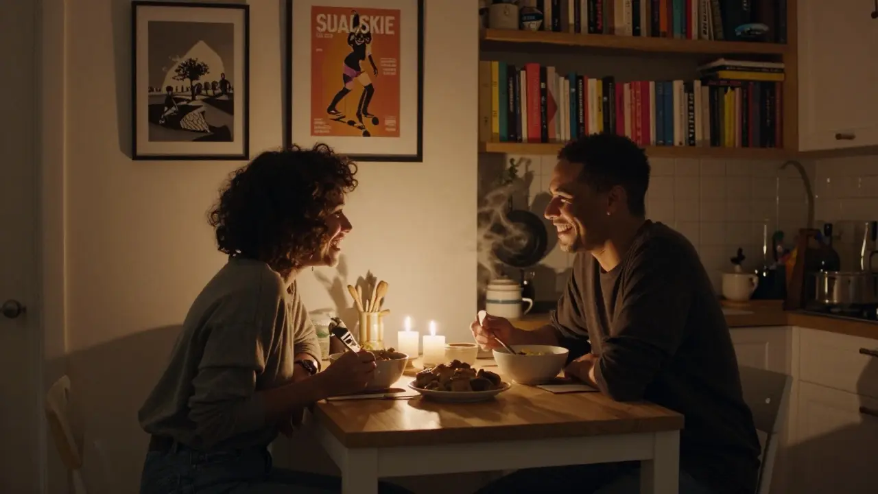 A trans woman and her companion laughing together over a home-cooked meal in a cozy Berlin apartment.