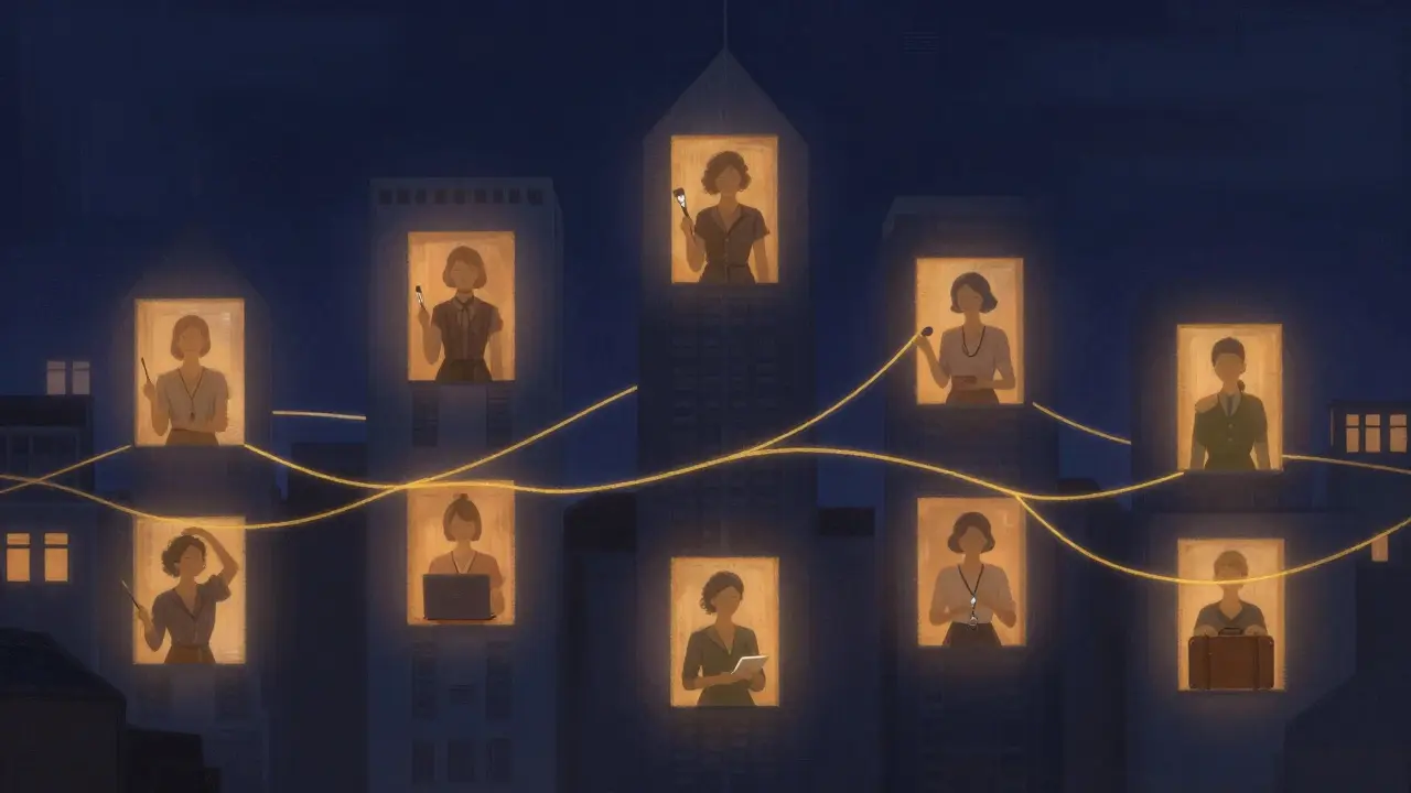 A transparent London skyline with glowing windows showing portraits of escorts holding objects representing their diverse lives and self-determination.