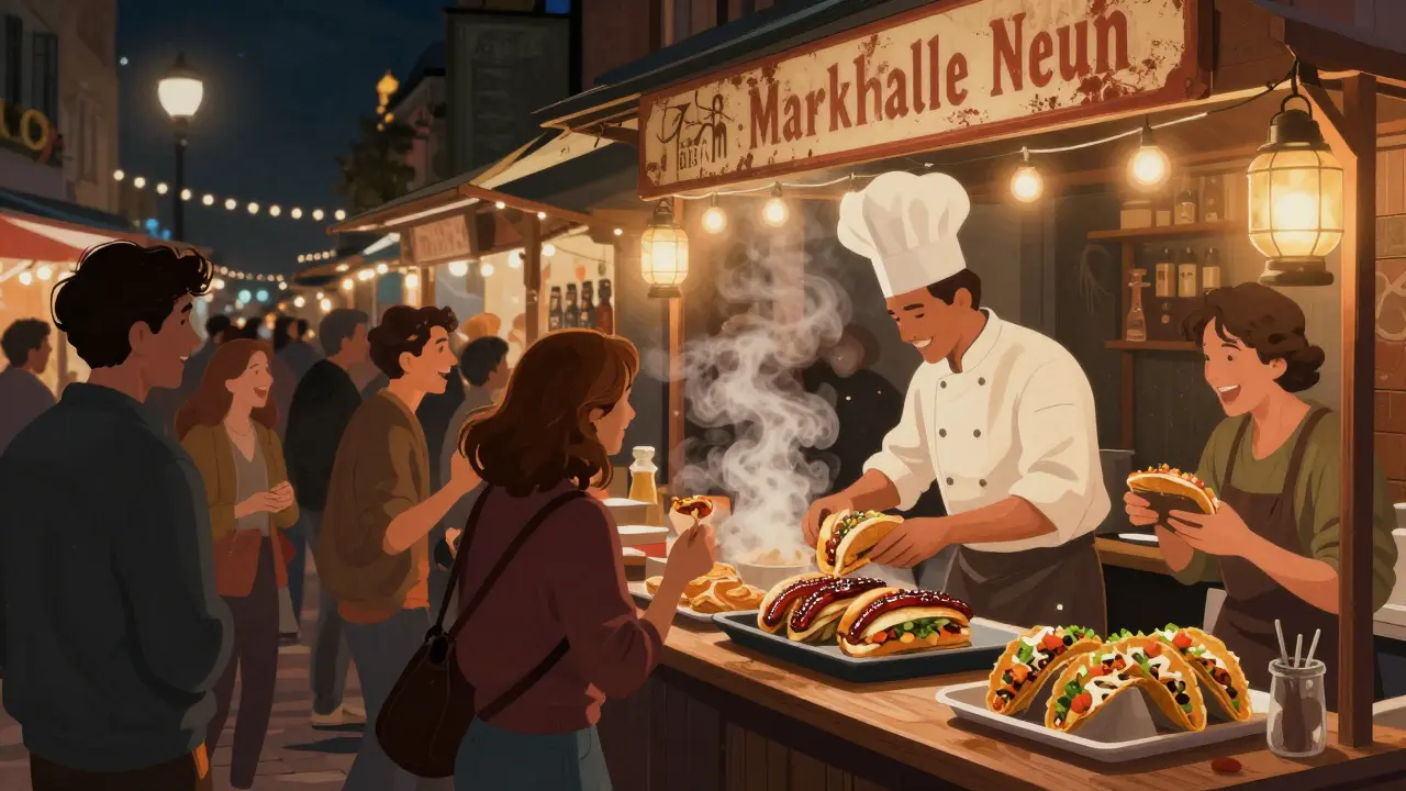 A vibrant street food market at night with diverse crowds enjoying global cuisine.