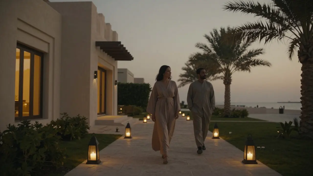 A woman walking alone at dusk near a private villa, with soft golden light and calm surroundings.