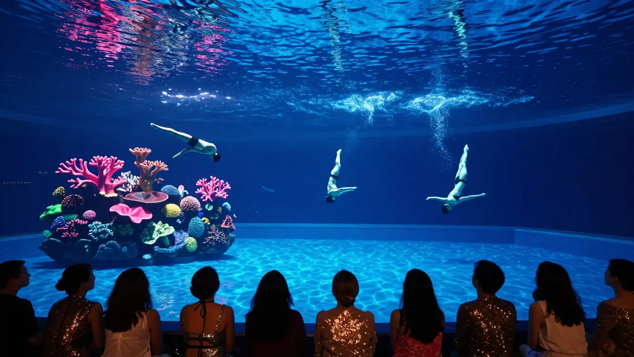 Acrobats performing in an underwater theater with glowing blue and pink lighting at La Perle.
