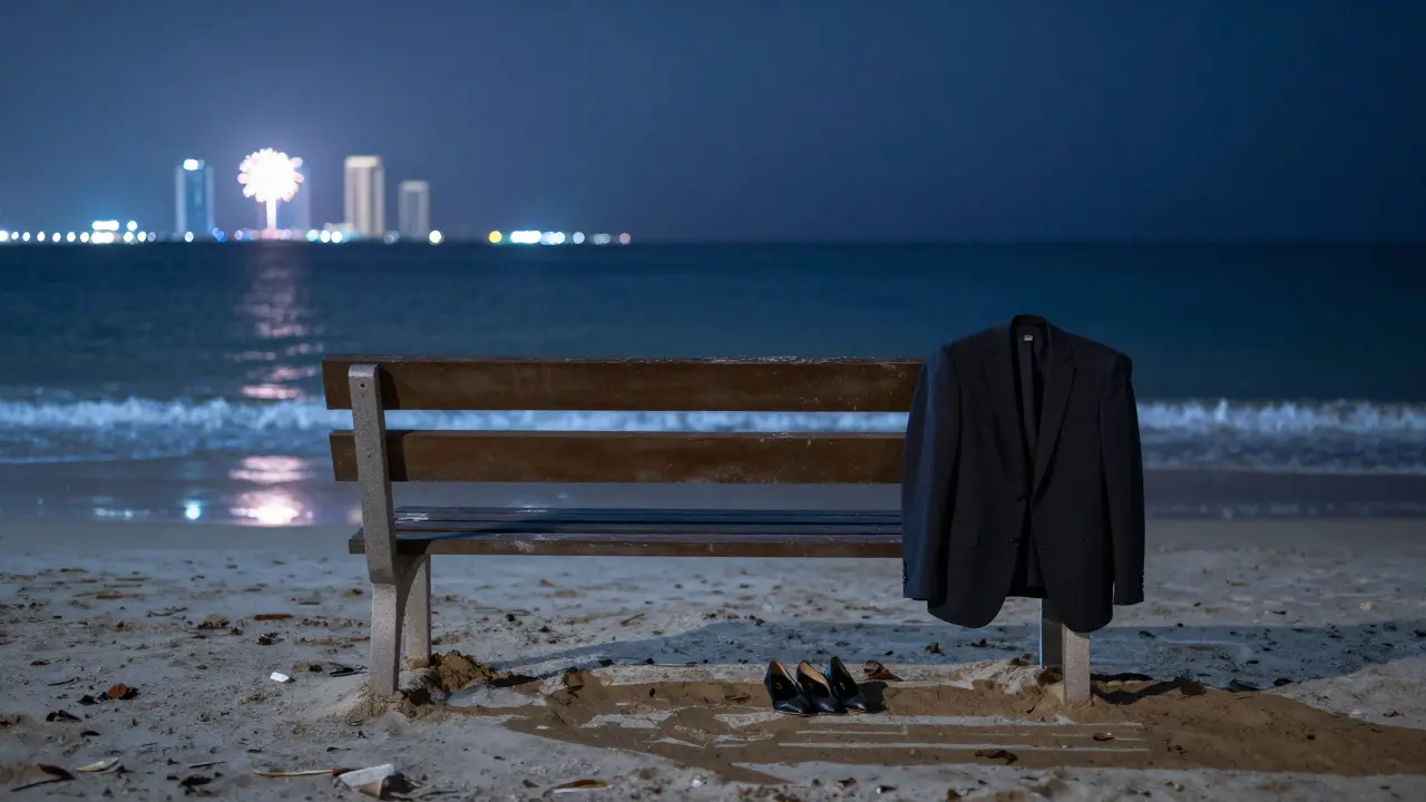 An empty beach bench with a blazer and heels left behind, under a starry night sky.