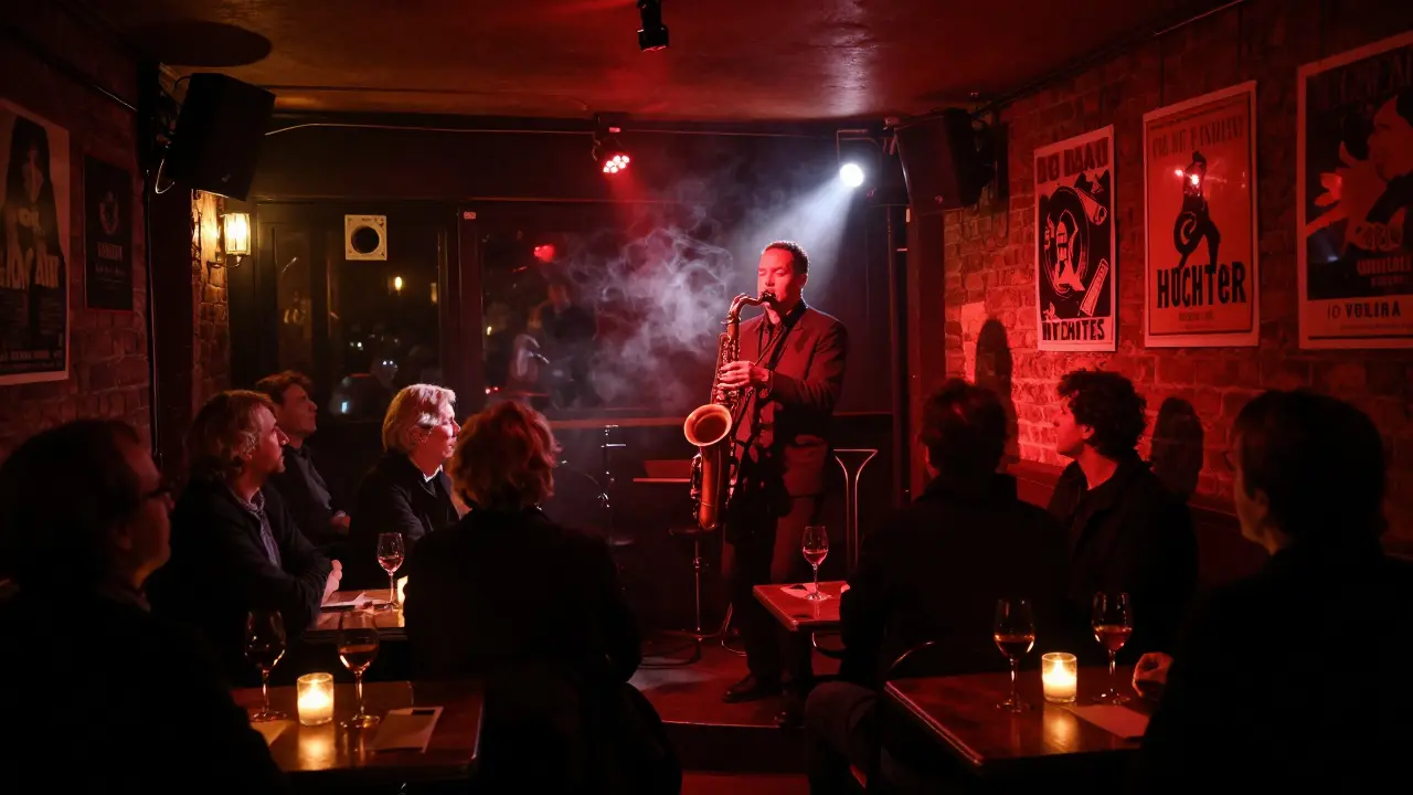 An intimate jazz club in Paris with a saxophonist playing under red lighting and smoke-filled air.