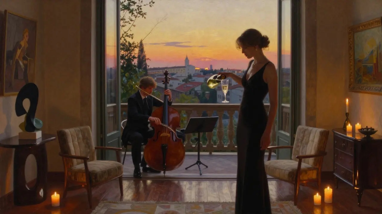 An intimate sunset aperitivo on a private Navigli rooftop, with champagne, jazz, and glowing city lights.