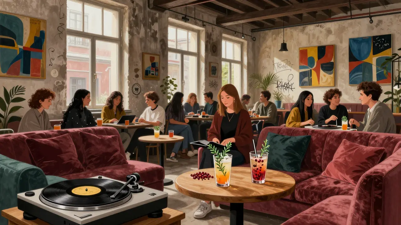 Bohemian bar interior with mismatched couches, vinyl records, and Turkish herbal cocktails under soft lighting.