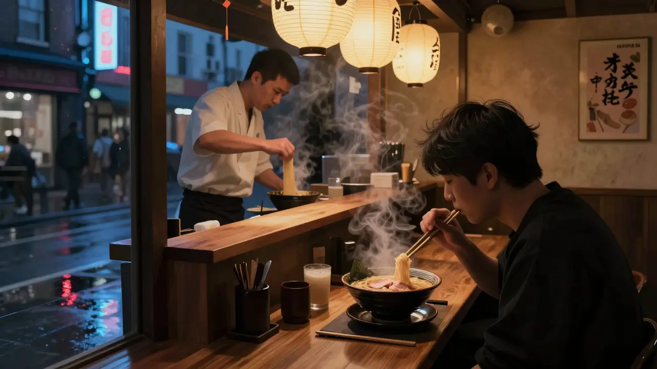 Chef hand-pulling noodles in a steamy Shoreditch ramen shop at 1 a.m.