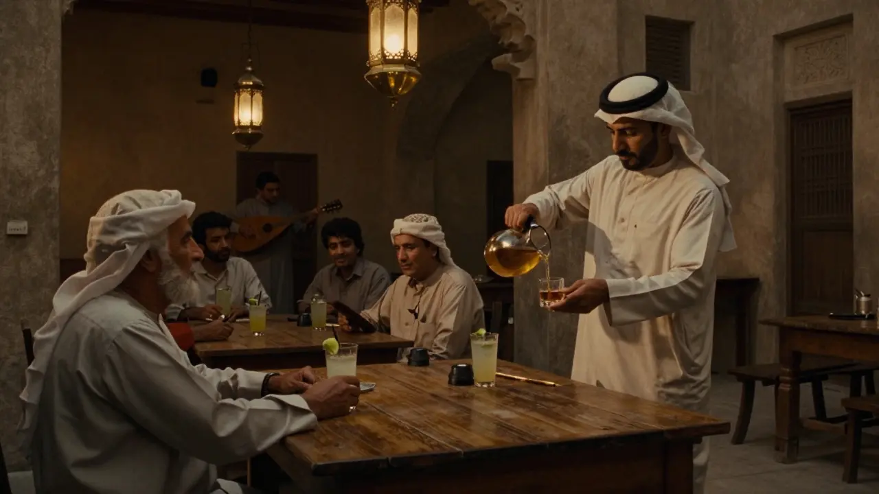 Cozy courtyard with lanterns and a bartender pouring drinks for quiet patrons.