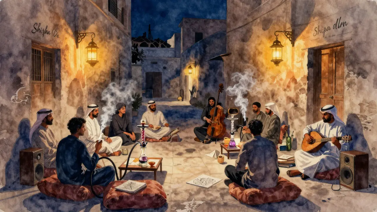 Cozy shisha lounge at night with people relaxing on cushions, soft lantern light, and live oud music.