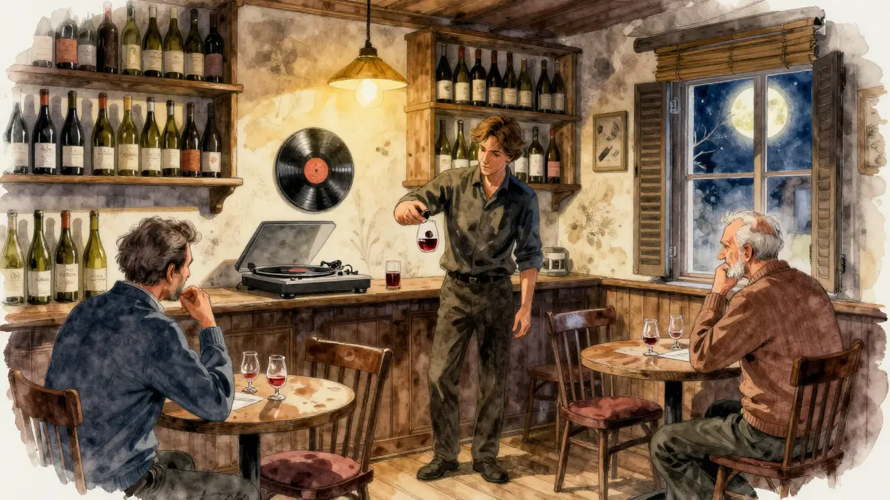 Cozy wine bar with sommelier pouring rare Turkish wine by soft lamplight.