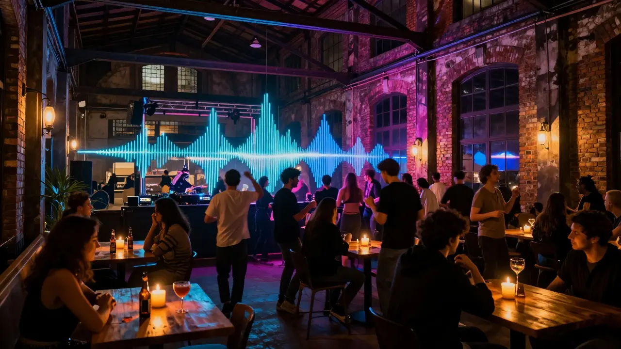 Crowd dancing in a warehouse nightclub in Milan's Zone 2 with flickering neon and industrial architecture.