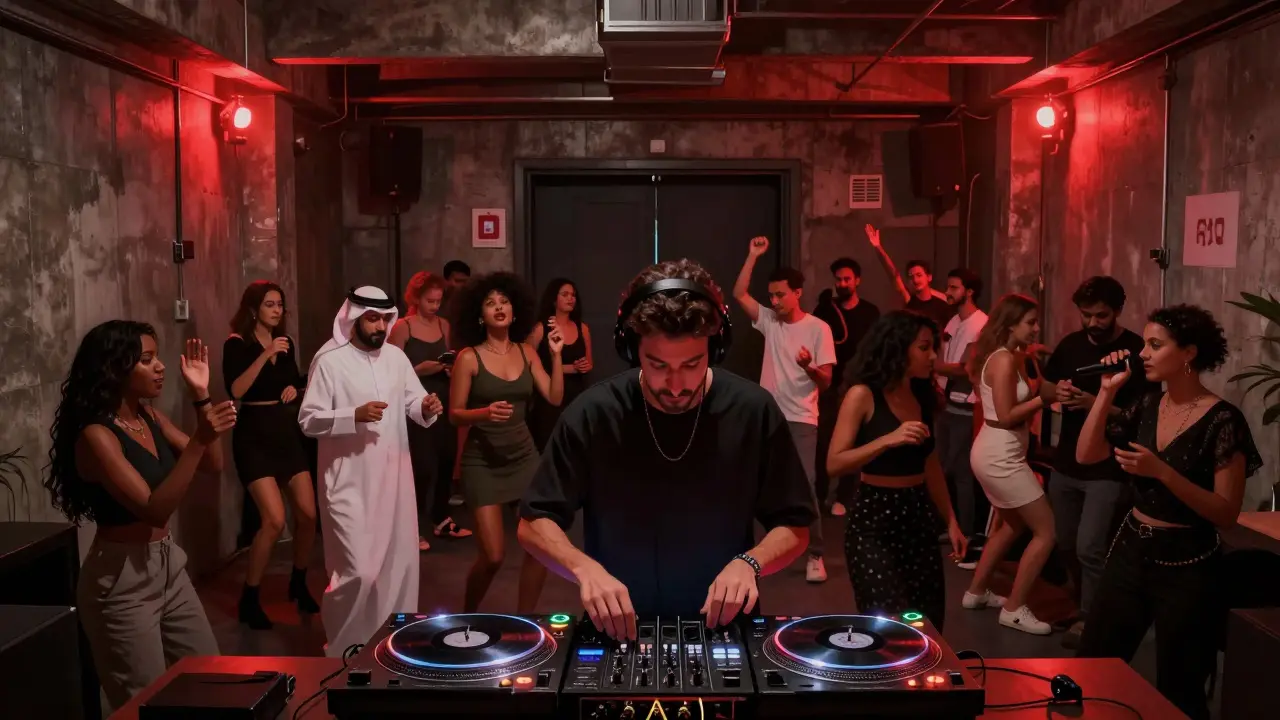 Crowd moving to deep house music in an underground warehouse club with industrial lighting.