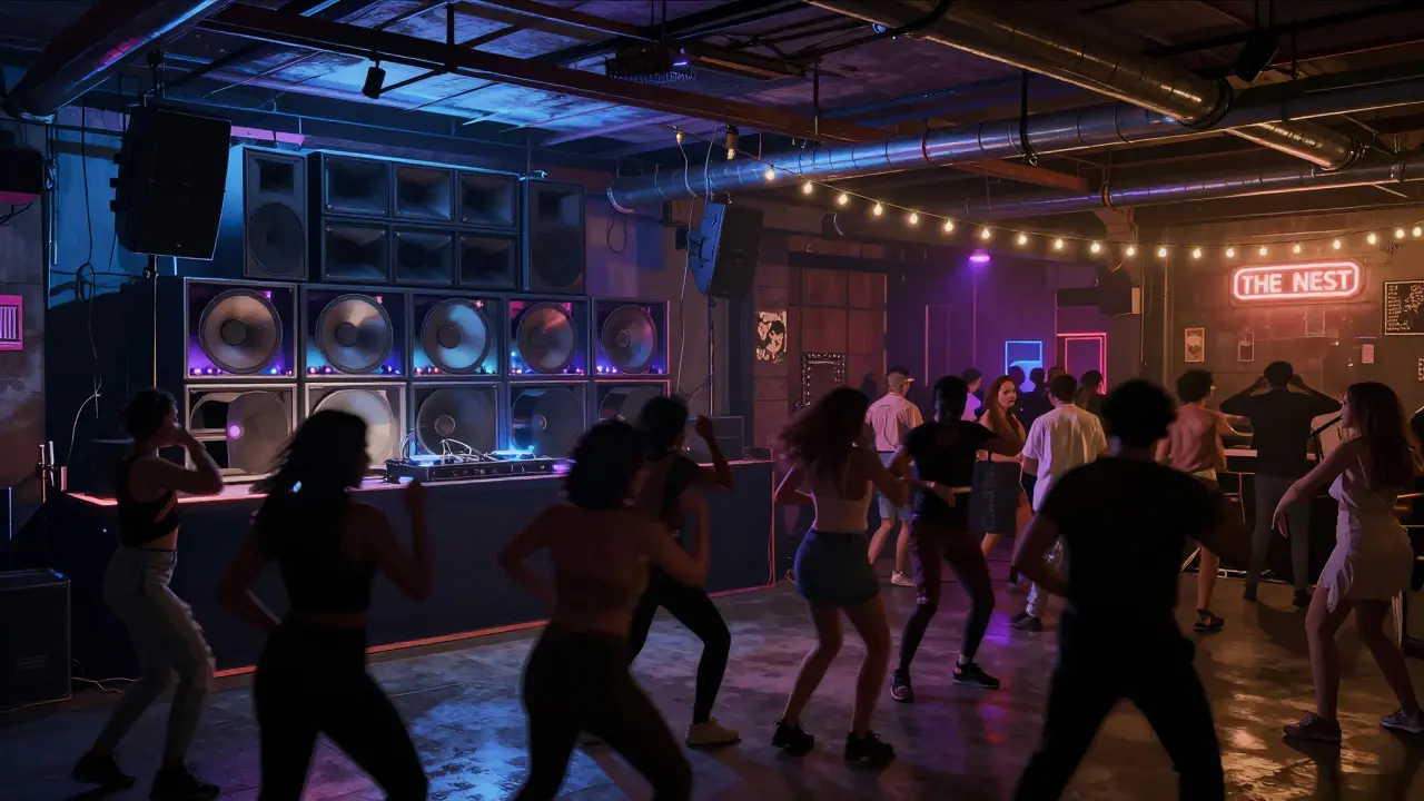 Dancers moving to live music inside The Nest nightclub with glowing sound system.