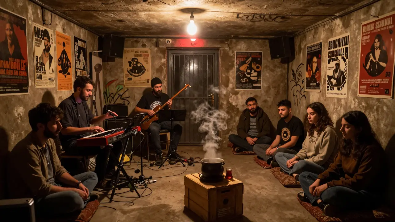 Dim basement club in Kadıköy where Kurdish musicians blend folk with electronic beats, patrons lost in music under a single red light.