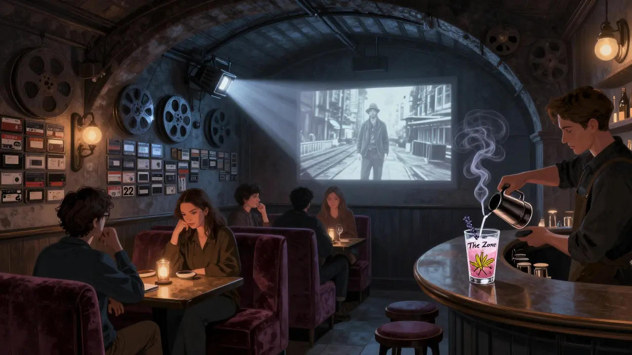 Dimly lit Bar 22 with VHS tapes and film projector casting Stalker on a wall, patrons in velvet booths.