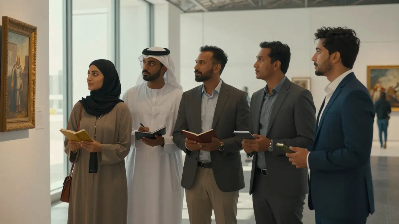 Diverse group of people admiring art in Louvre Abu Dhabi, showing professional companionship.