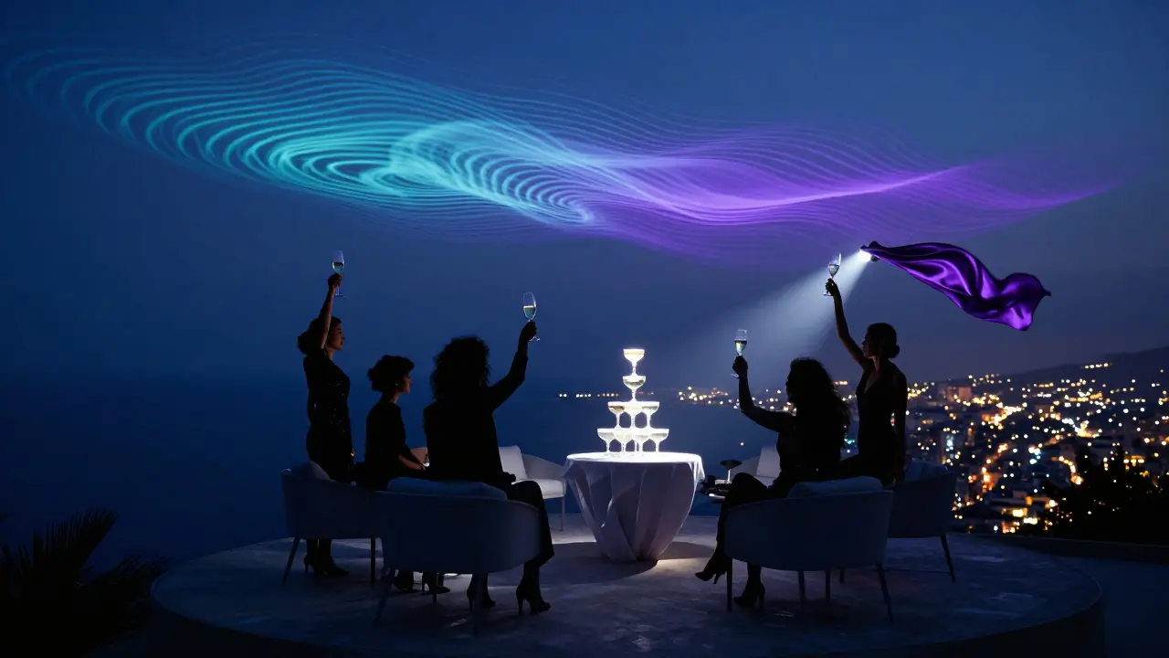 Elegant guests at Le Plongeoir cliffside club, champagne towers and city lights below.