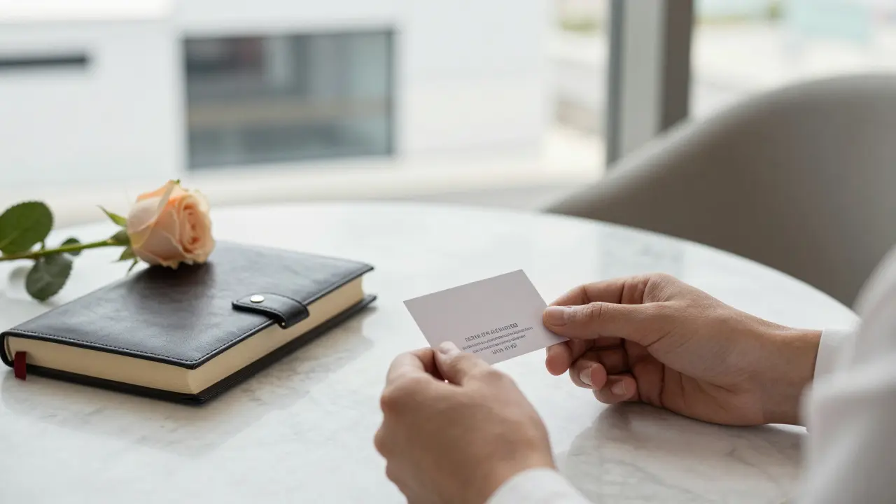 Elegant hands placing a business card and rose on marble beside a closed notebook.